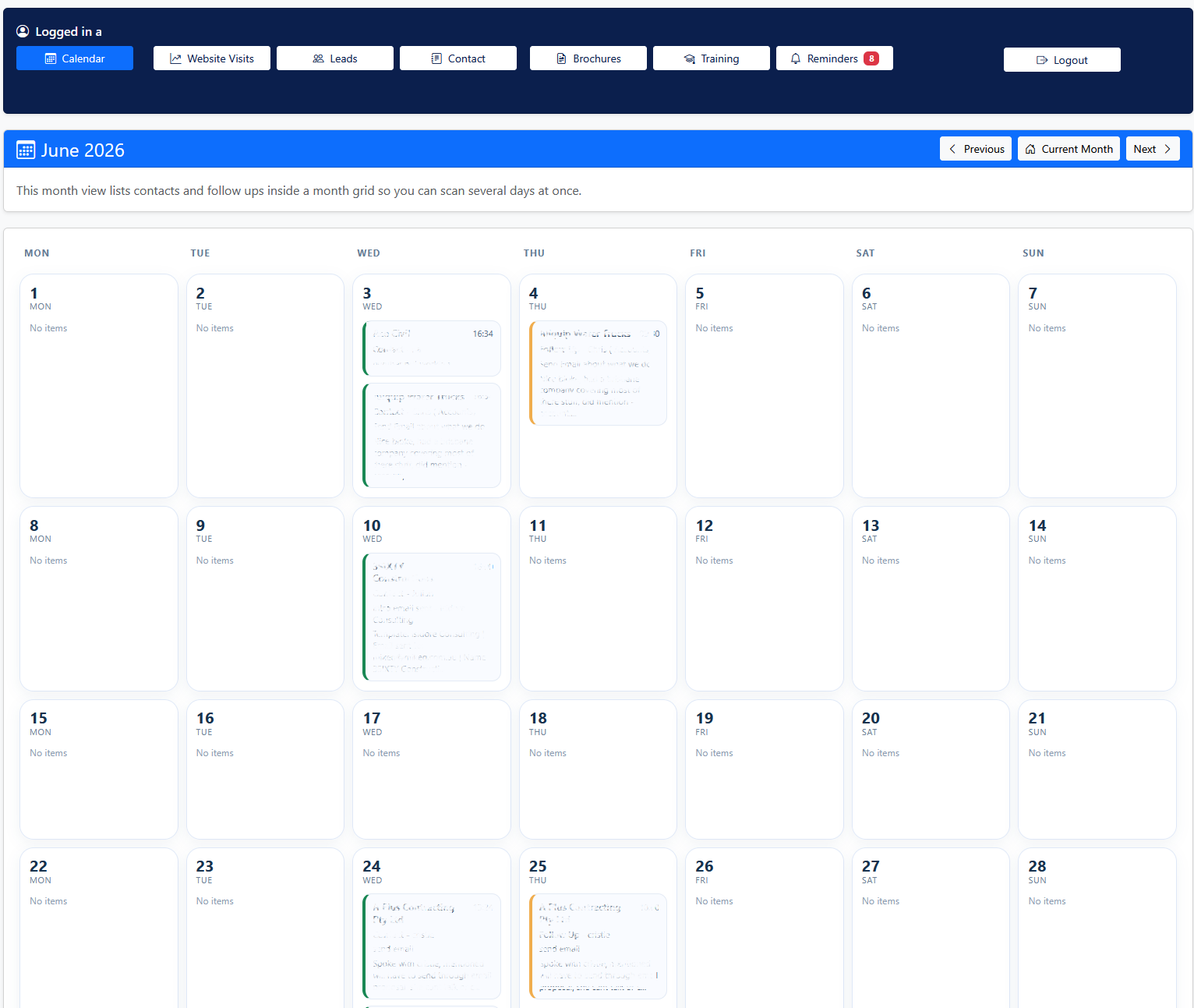 Custom CRM calendar screen