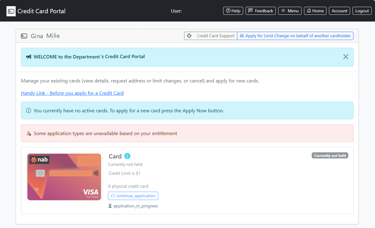 Credit card application portal screenshot