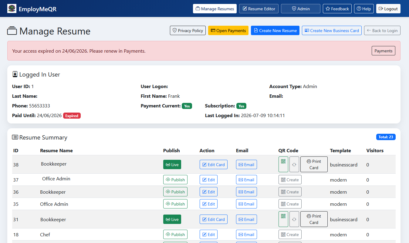 EmployMeQR resume builder application screenshot